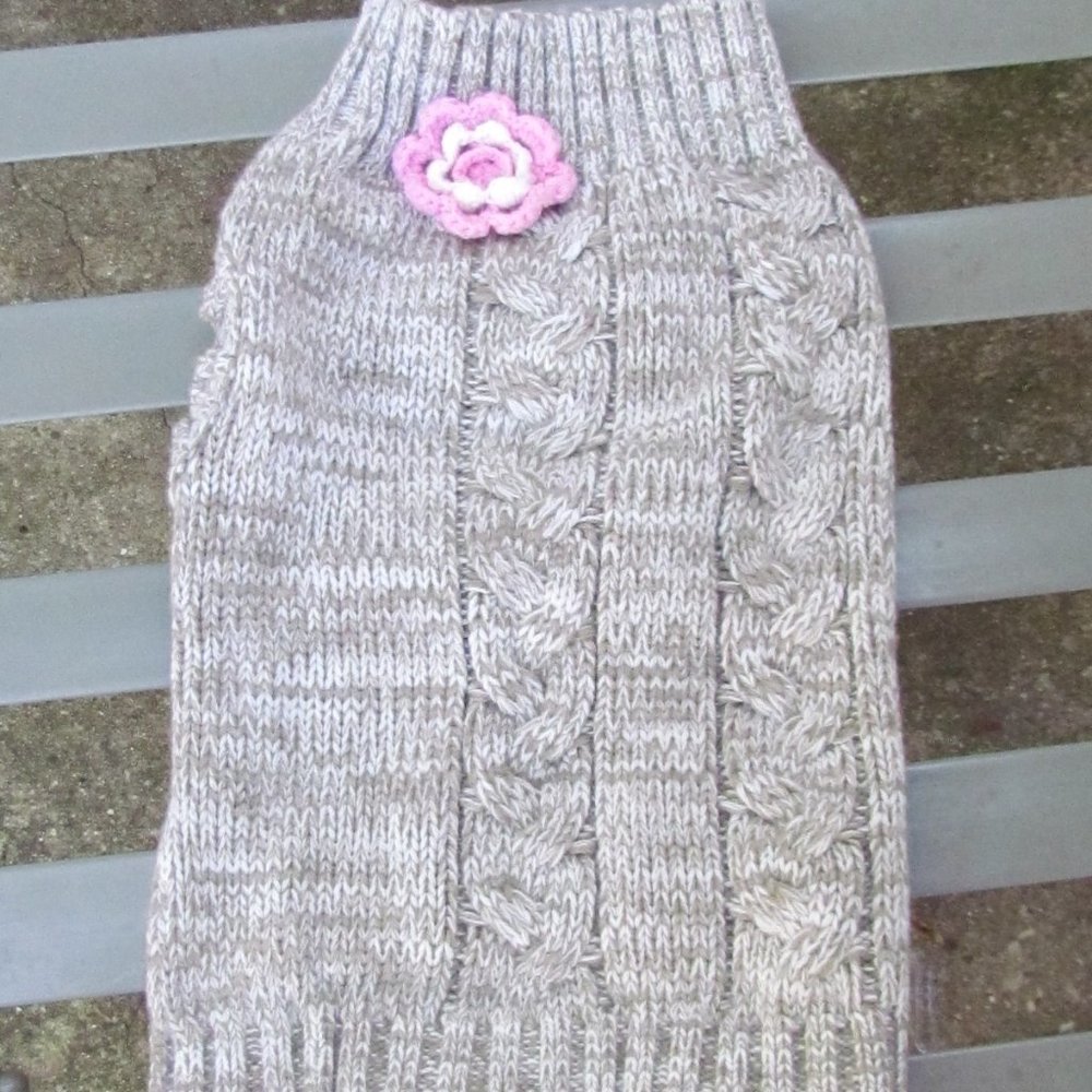 Gray Cable Knit with Pink and White Flower Dog Sweater Medium